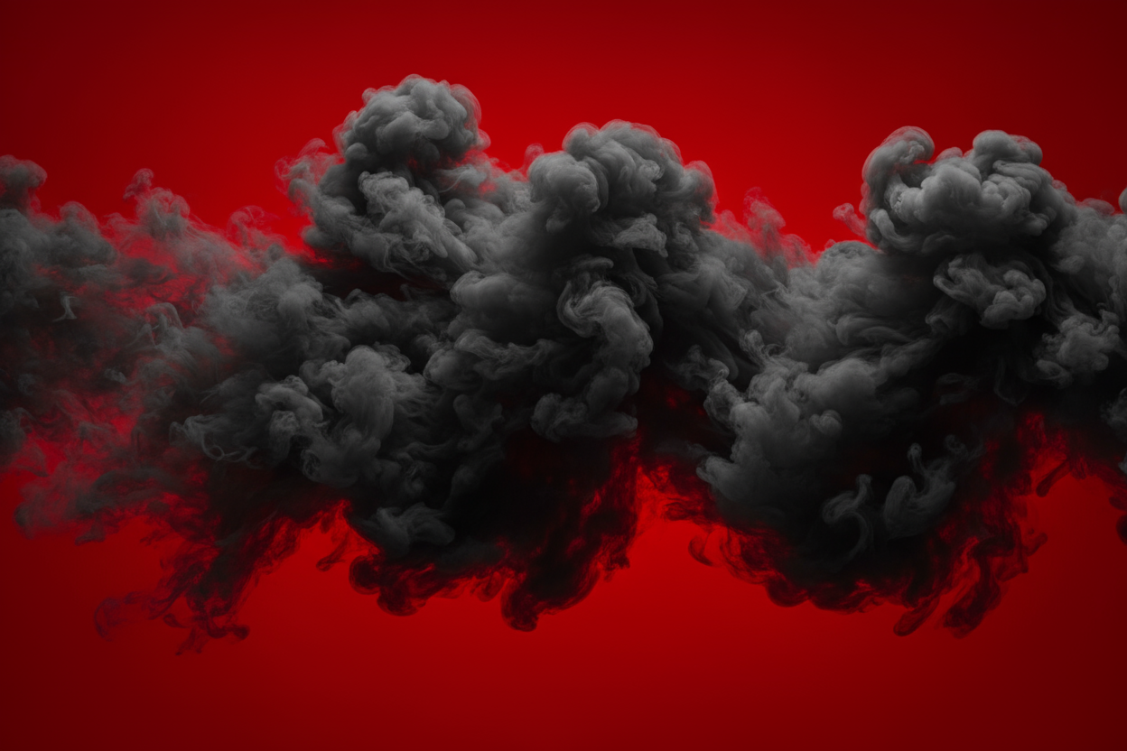 black rolling smoke across a red background