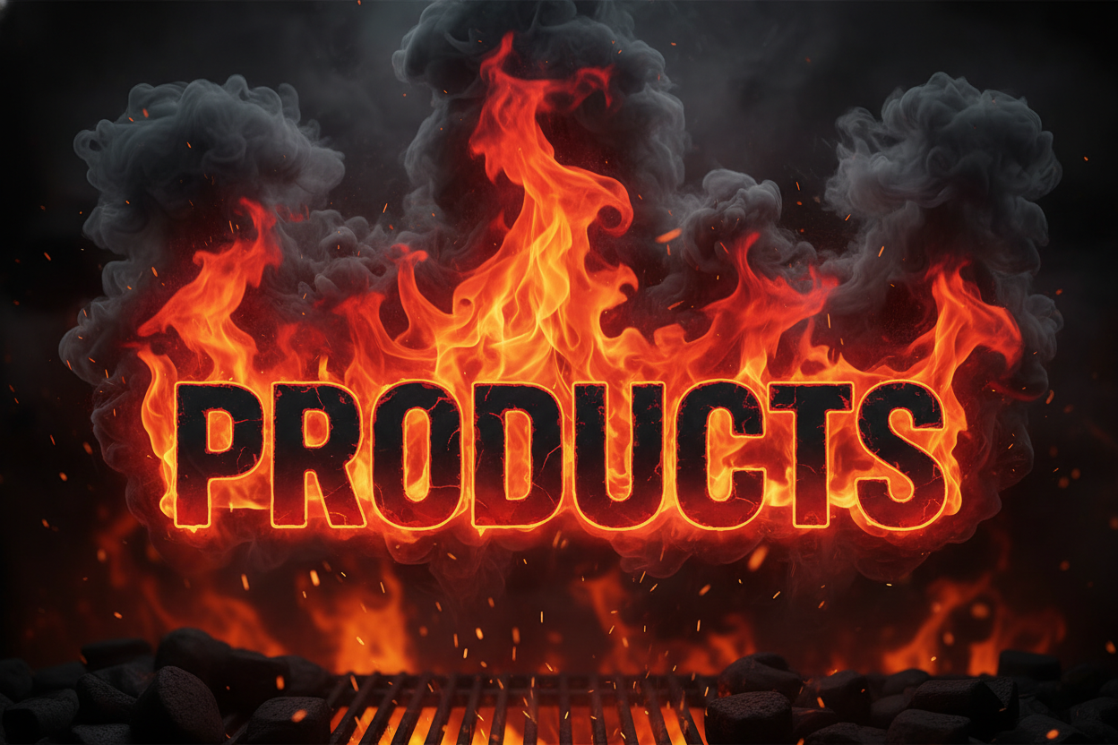 Bold "Products" header informed with red and black color theme and flames/smoke